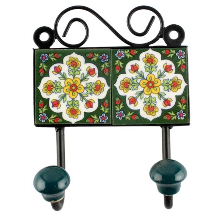 Forest Green Floral Ceramic Tile Hook